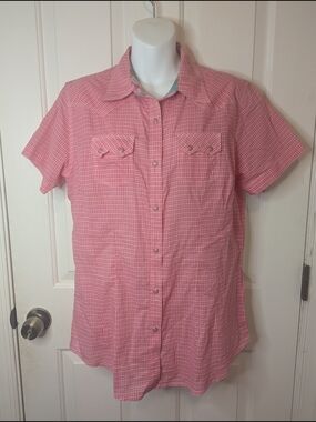 Vtg Women's Wrangler Pink Gingham Short Sleeve Pearl Snap Western Shirt Medium